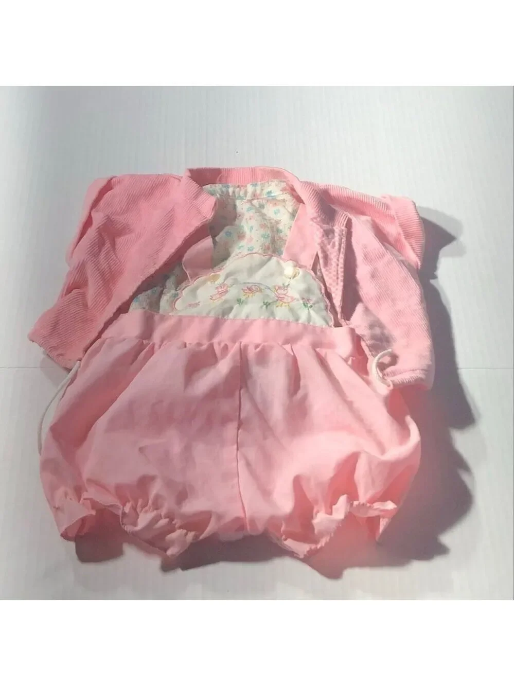 Vintage doll teddy bear outfit pink overalls floral shirt corduroy coat ruffles
